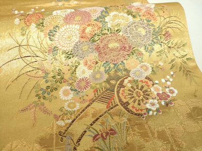 平和屋着物▼六通柄袋帯　絢燗花車文　金糸　正絹　逸品　DABJ8322ps