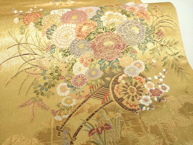 平和屋着物▼六通柄袋帯　絢燗花車文　金糸　正絹　逸品　DABJ8322ps