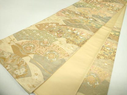 平和屋着物▼六通柄袋帯　正倉院扇面文　金糸　正絹　逸品　DABJ8324ps