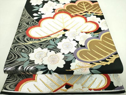 平和屋着物▼西陣　六通柄袋帯　唐織　流水桜松文　黒地　金銀糸　正絹　逸品　DABJ8328ps