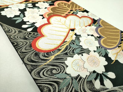 平和屋着物▼西陣　六通柄袋帯　唐織　流水桜松文　黒地　金銀糸　正絹　逸品　DABJ8328ps