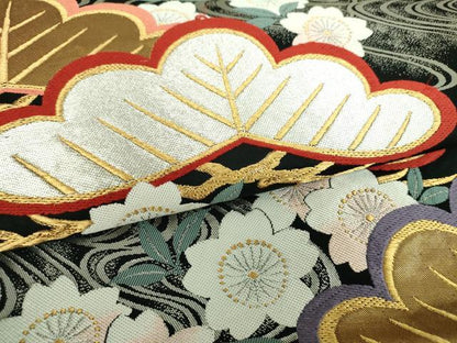平和屋着物▼西陣　六通柄袋帯　唐織　流水桜松文　黒地　金銀糸　正絹　逸品　DABJ8328ps