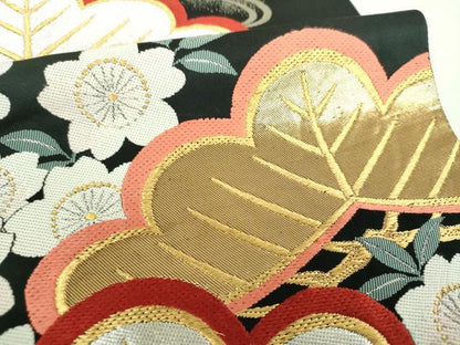 平和屋着物▼西陣　六通柄袋帯　唐織　流水桜松文　黒地　金銀糸　正絹　逸品　DABJ8328ps