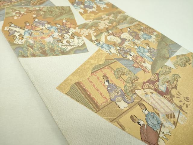 平和屋着物▼六通柄袋帯　色紙重ね人物風景　金銀糸　正絹　逸品　DABJ8329ps