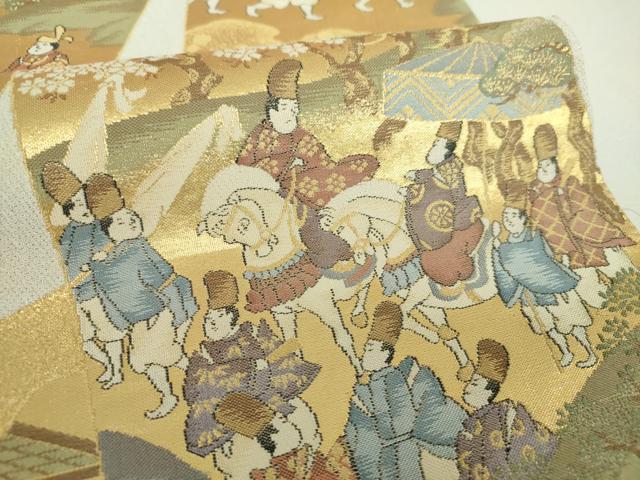 平和屋着物▼六通柄袋帯　色紙重ね人物風景　金銀糸　正絹　逸品　DABJ8329ps
