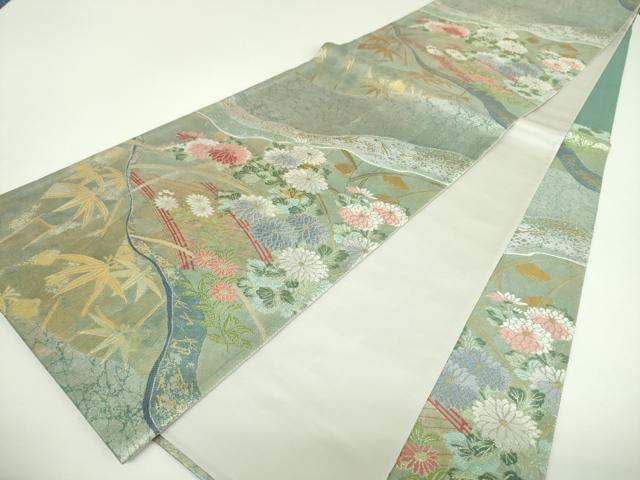 平和屋着物▼六通柄袋帯　渡橋風景花文　金銀糸　引箔　正絹　逸品　DABJ8332ps