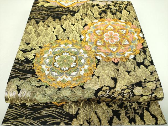 平和屋着物▼六通柄袋帯　正倉院花文　黒地　金糸　正絹　逸品　DABJ8342ps