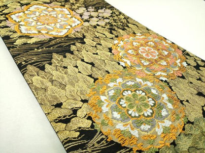 平和屋着物▼六通柄袋帯　正倉院花文　黒地　金糸　正絹　逸品　DABJ8342ps