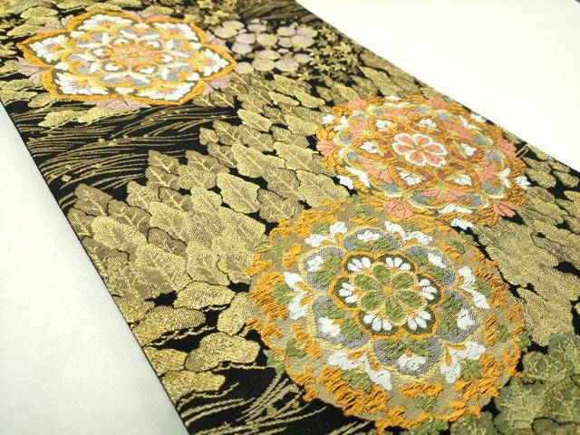 平和屋着物▼六通柄袋帯　正倉院花文　黒地　金糸　正絹　逸品　DABJ8342ps