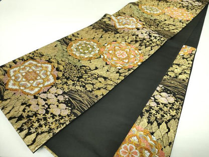 平和屋着物▼六通柄袋帯　正倉院花文　黒地　金糸　正絹　逸品　DABJ8342ps