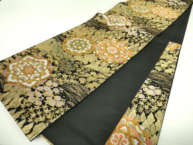平和屋着物▼六通柄袋帯　正倉院花文　黒地　金糸　正絹　逸品　DABJ8342ps