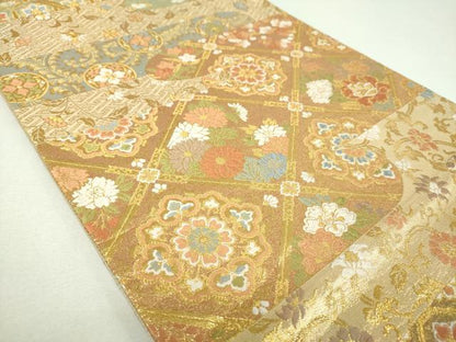 平和屋着物▼六通柄袋帯　格天井宝尽くし花文　金糸　正絹　逸品　DABJ8354ps
