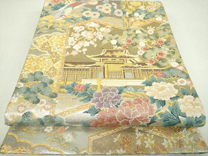 平和屋着物▼六通柄袋帯　唐織　風景花鳥屏風　金銀糸　正絹　逸品　DABJ8356ps