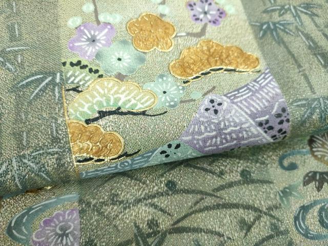 平和屋着物▼太鼓柄袋帯　黄金繭　市松風景花文　金糸　正絹　逸品　未使用　DABJ8361ps