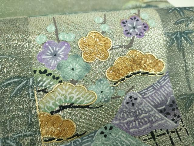 平和屋着物▼太鼓柄袋帯　黄金繭　市松風景花文　金糸　正絹　逸品　未使用　DABJ8361ps