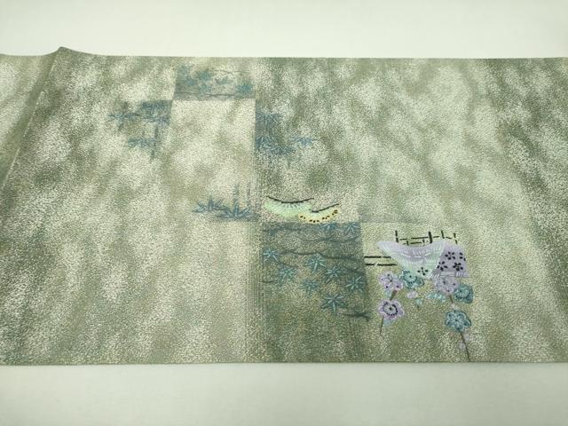 平和屋着物▼太鼓柄袋帯　黄金繭　市松風景花文　金糸　正絹　逸品　未使用　DABJ8361ps