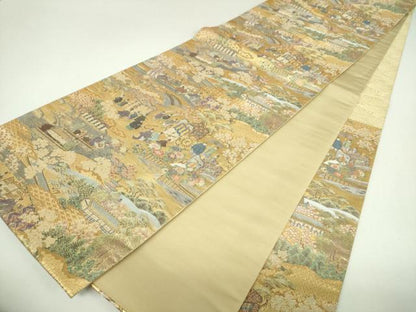 平和屋着物▼六通柄袋帯　嵯峨野船遊　金糸　正絹　逸品　DABJ8362ps