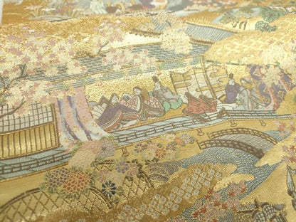 平和屋着物▼六通柄袋帯　嵯峨野船遊　金糸　正絹　逸品　DABJ8362ps