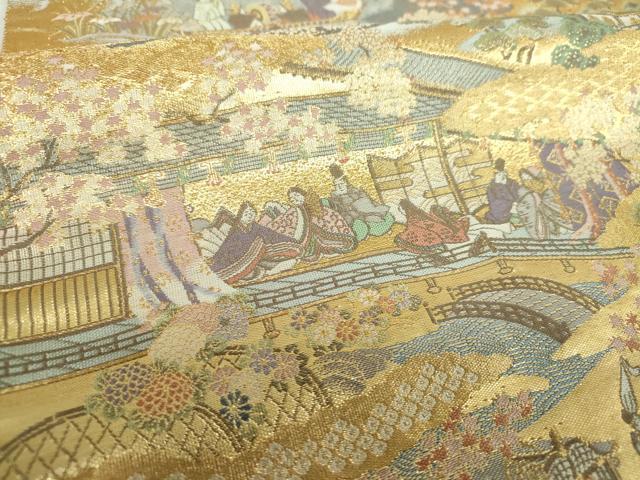 平和屋着物▼六通柄袋帯　嵯峨野船遊　金糸　正絹　逸品　DABJ8362ps