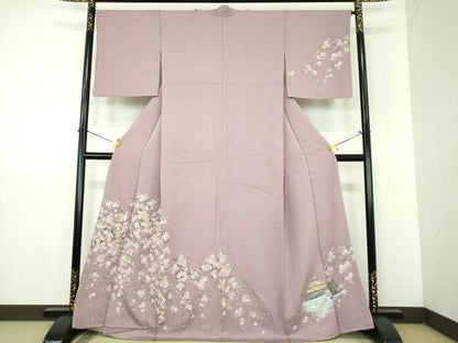 平和屋着物●訪問着　寿光織　枝垂れ桜　風景文　金糸　正絹　逸品　DABJ8397ps