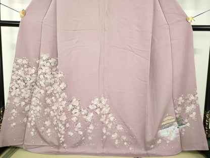 平和屋着物●訪問着　寿光織　枝垂れ桜　風景文　金糸　正絹　逸品　DABJ8397ps