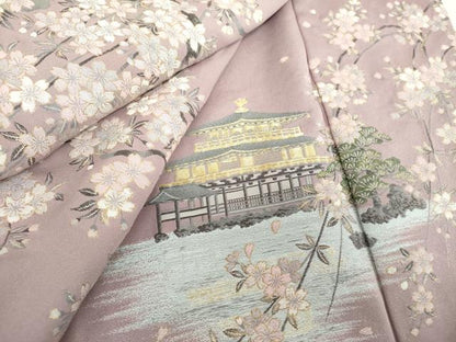 平和屋着物●訪問着　寿光織　枝垂れ桜　風景文　金糸　正絹　逸品　DABJ8397ps