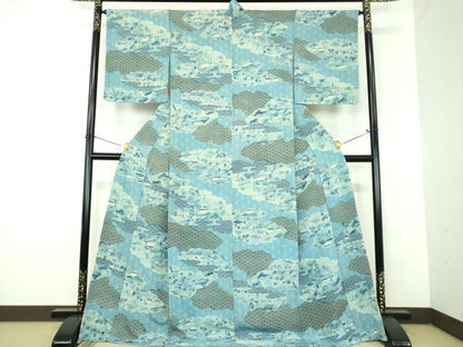 平和屋着物●上質な小紋　藍　型染　雲取り風景花文　ロング丈　正絹　逸品　DABJ8410ps