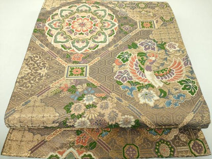 平和屋着物▼六通柄袋帯　唐織　正倉院鳳凰花文　金糸　正絹　逸品　DABJ8450ps