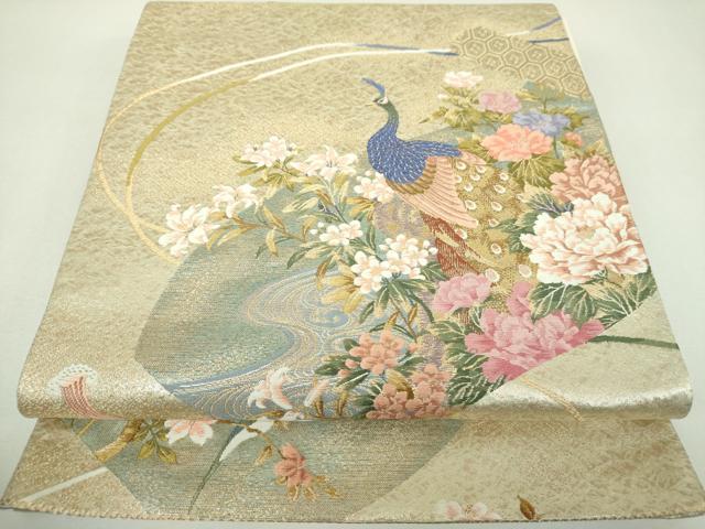 平和屋着物▼六通柄袋帯　唐織　孔雀花絵巻　金糸　正絹　逸品　DABJ8477ps