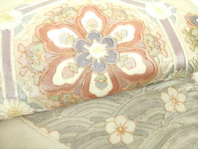 平和屋着物▼太鼓柄袋帯　総駒刺繍　総刺繍　青海波　亀甲花文　金銀糸　正絹　逸品　DABJ8489ps