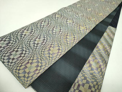 平和屋着物▼両面　六通柄袋帯　変わり市松　金糸　やまと誂製　正絹　逸品　未使用　DABJ8500ps