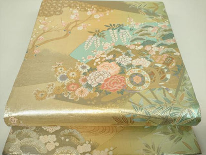 平和屋着物▼六通柄袋帯　扇面吉祥文　金糸　正絹　逸品　DABJ8506ps