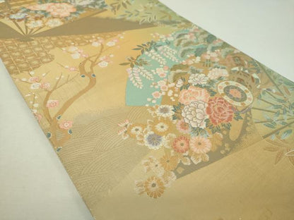平和屋着物▼六通柄袋帯　扇面吉祥文　金糸　正絹　逸品　DABJ8506ps