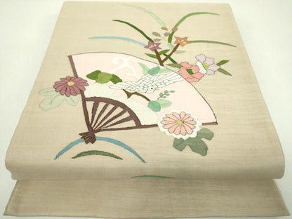 平和屋着物▼明綴れ　太鼓柄袋帯　扇面花鳥文　金糸　正絹　逸品　DABJ8532ps