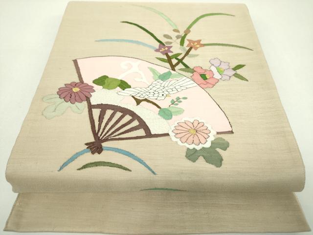 平和屋着物▼明綴れ　太鼓柄袋帯　扇面花鳥文　金糸　正絹　逸品　DABJ8532ps