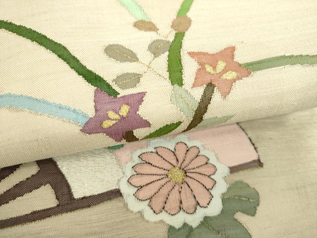 平和屋着物▼明綴れ　太鼓柄袋帯　扇面花鳥文　金糸　正絹　逸品　DABJ8532ps