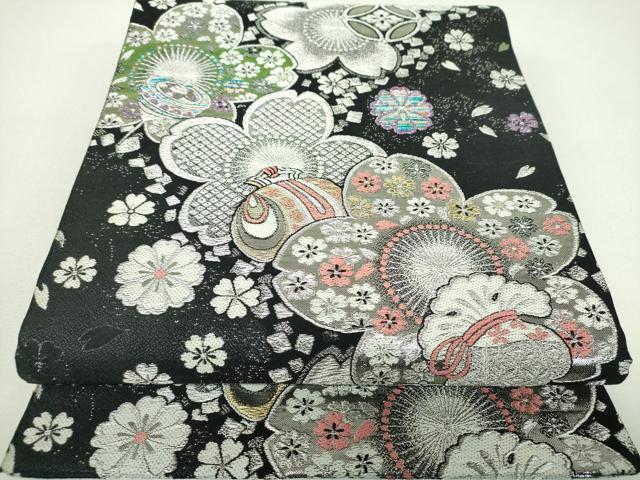 平和屋着物▼六通柄袋帯　宝尽くし　舞桜　黒地　金銀糸　正絹　逸品　DABJ8534ps