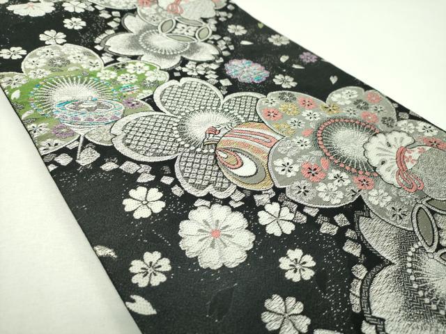 平和屋着物▼六通柄袋帯　宝尽くし　舞桜　黒地　金銀糸　正絹　逸品　DABJ8534ps