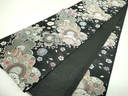 平和屋着物▼六通柄袋帯　宝尽くし　舞桜　黒地　金銀糸　正絹　逸品　DABJ8534ps