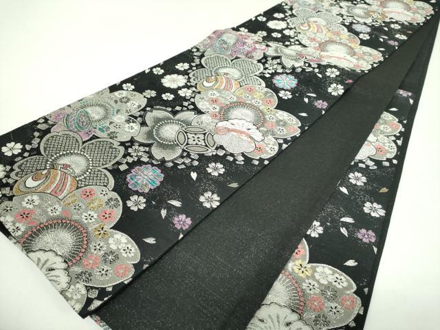 平和屋着物▼六通柄袋帯　宝尽くし　舞桜　黒地　金銀糸　正絹　逸品　DABJ8534ps