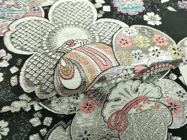 平和屋着物▼六通柄袋帯　宝尽くし　舞桜　黒地　金銀糸　正絹　逸品　DABJ8534ps