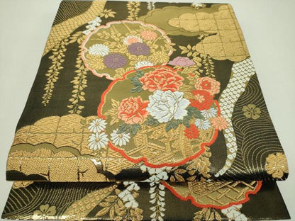 平和屋着物▼丸帯　唐織　雲取り雪輪花文　金糸　正絹　逸品　DABJ8535ps