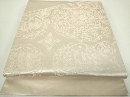 平和屋着物▼太鼓柄袋帯　総刺繍　正倉院鳳凰花文　銀糸　正絹　逸品　DABJ8538ps