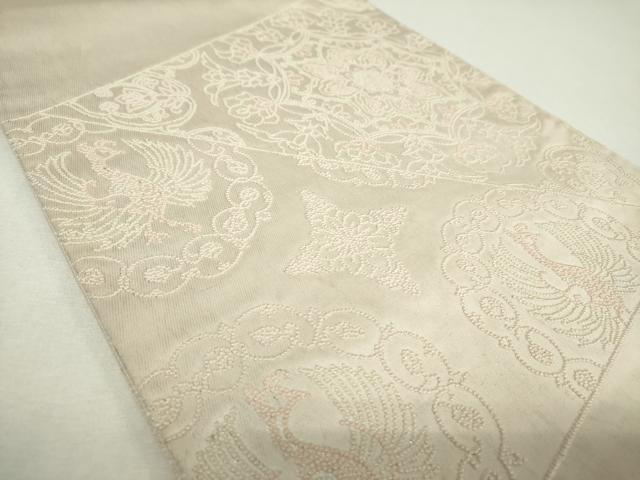 平和屋着物▼太鼓柄袋帯　総刺繍　正倉院鳳凰花文　銀糸　正絹　逸品　DABJ8538ps