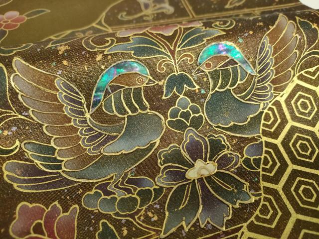 平和屋着物▼太鼓柄袋帯　螺鈿　鴛鴦花文　金彩　引箔　正絹　逸品　DABJ8540ps