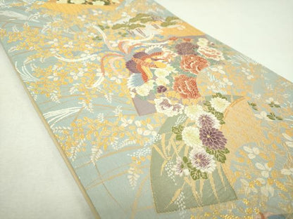 平和屋着物▼六通柄袋帯　唐織　蒔絵　地紙鳳凰花文　金銀糸　正絹　逸品　DABJ8545ps