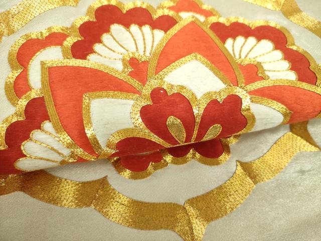 平和屋着物▼太鼓柄袋帯　駒刺繍　総刺繍　花丸文　金銀糸　正絹　逸品　DABJ8547ps