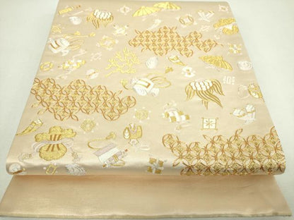 平和屋着物▼太鼓柄袋帯　駒刺繍　総刺繍　宝尽くし　金銀糸　正絹　逸品　DABJ8548ps