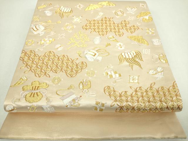 平和屋着物▼太鼓柄袋帯　駒刺繍　総刺繍　宝尽くし　金銀糸　正絹　逸品　DABJ8548ps