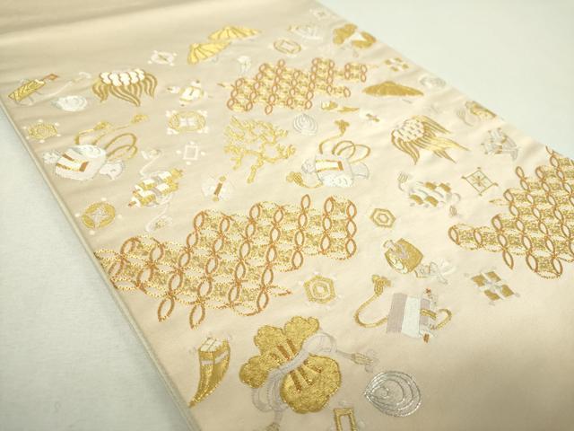 平和屋着物▼太鼓柄袋帯　駒刺繍　総刺繍　宝尽くし　金銀糸　正絹　逸品　DABJ8548ps